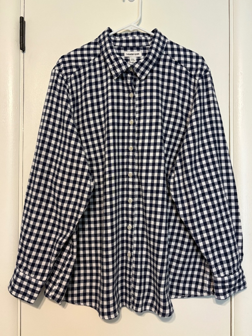 Lands' End Women’s Plus Navy Gingham Flannel Boyfriend Button-Front Shirt Top 2X